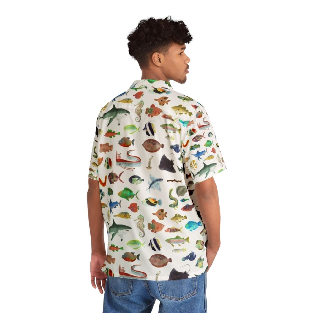 Colorful Hawaiian shirt featuring an ocean life design with tropical fish, sharks, and other marine animals - People Back