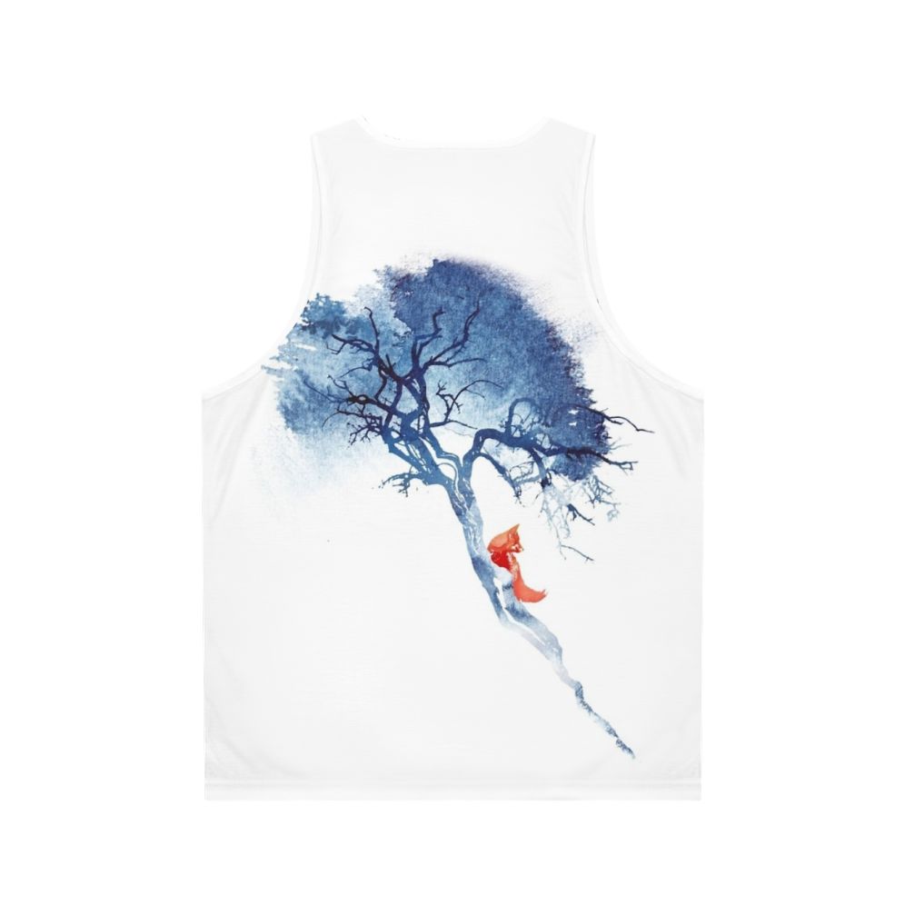 Unisex tank top with a vibrant watercolor design of a fox and tree in nature - Back