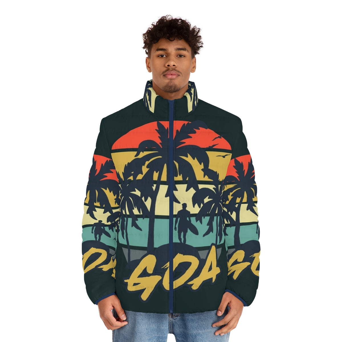 Vintage Goa Holiday Puffer Jacket in a retro sunset design - men front