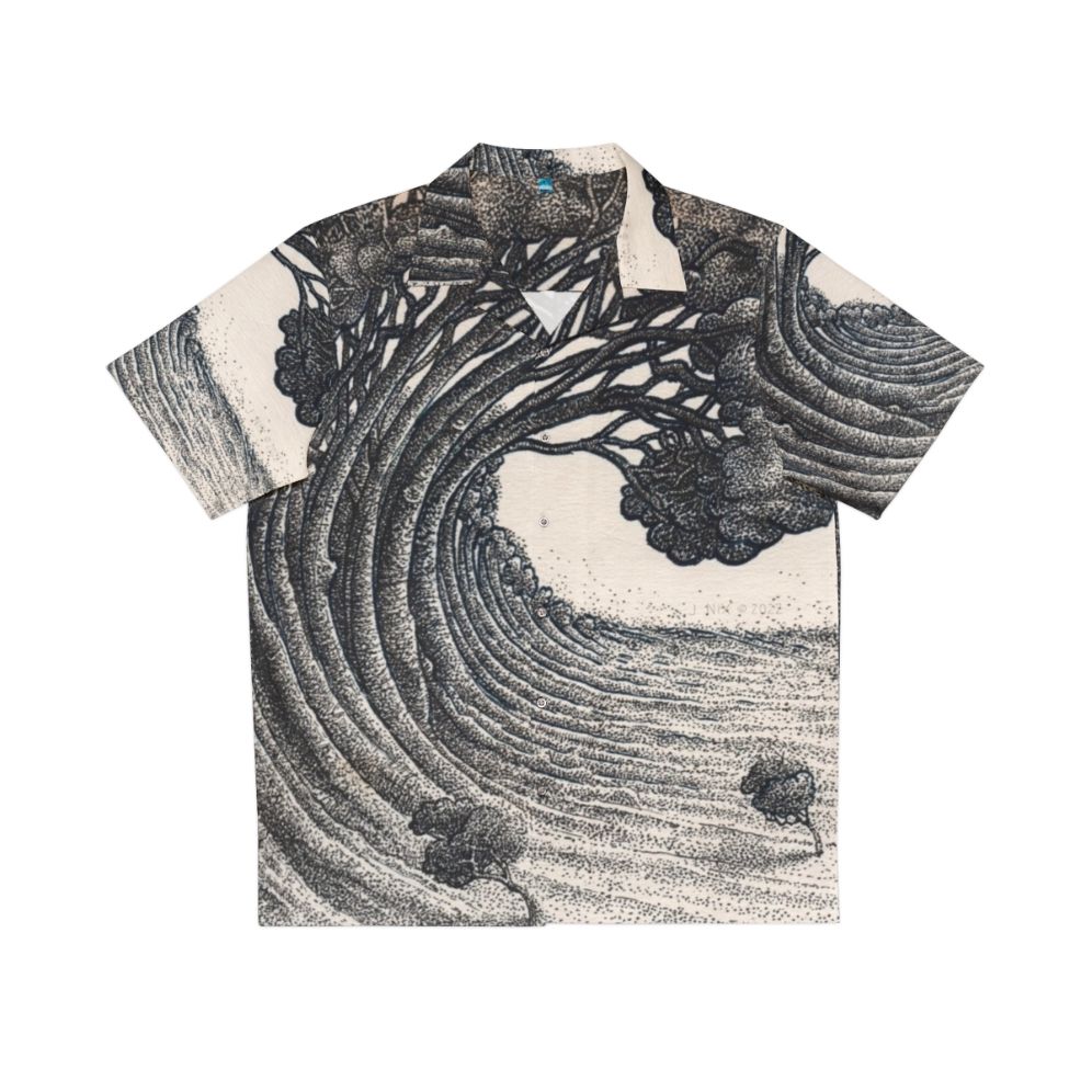 Tree Wave Hawaiian Shirt with nature inspired ink drawing print