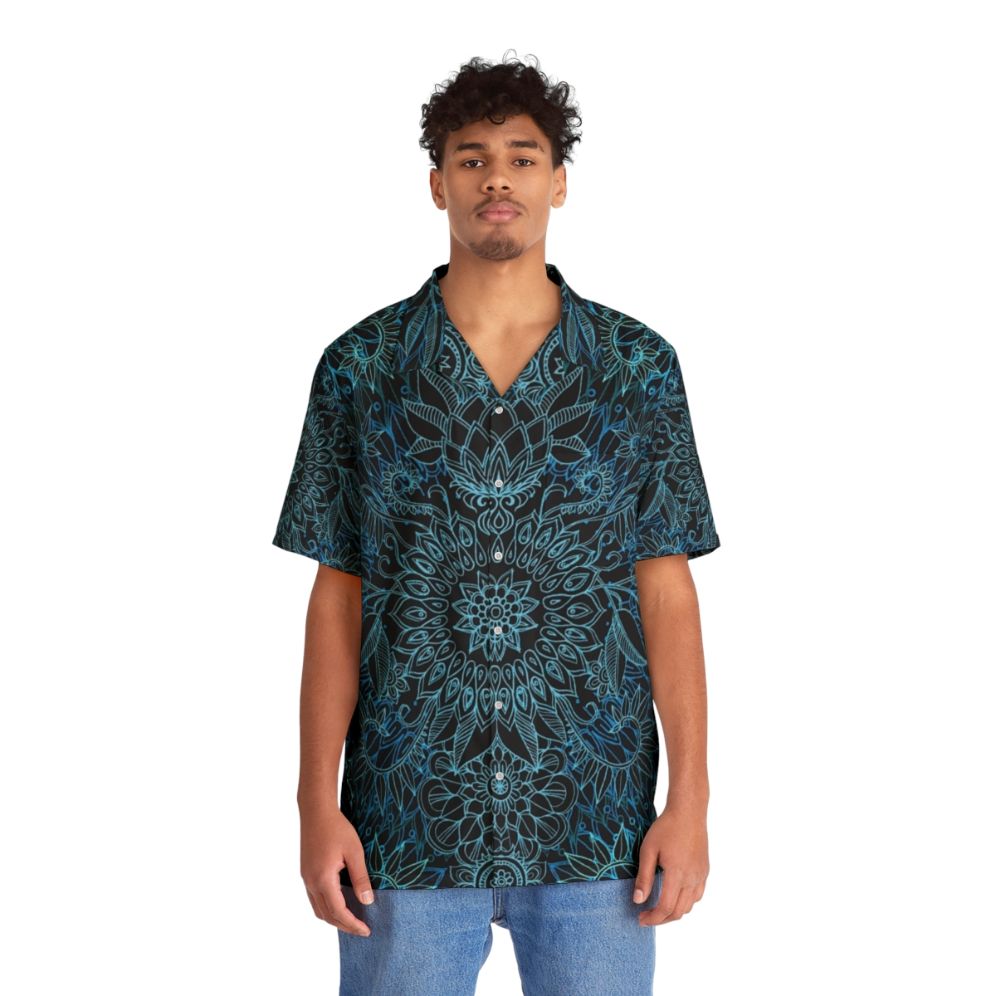 Black Teal Aqua Protea Doodle Pattern Hawaiian Shirt - People Front