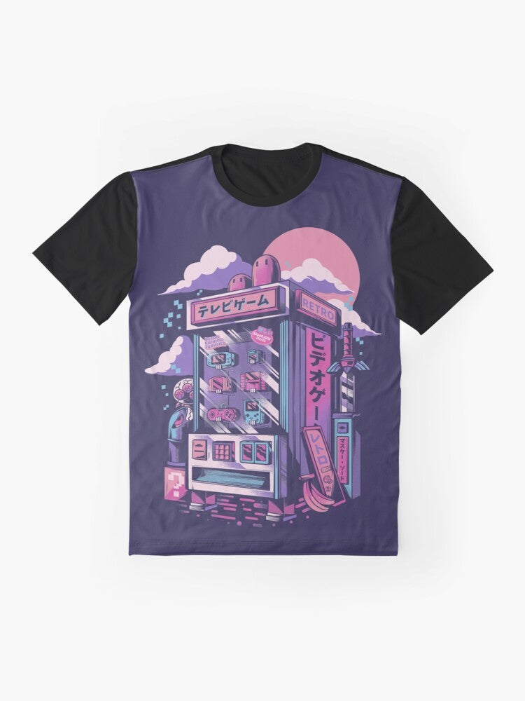 Retro gaming machine graphic t-shirt with pixel art design featuring joystick, vending machine, and 80s neon colors. - Flat lay