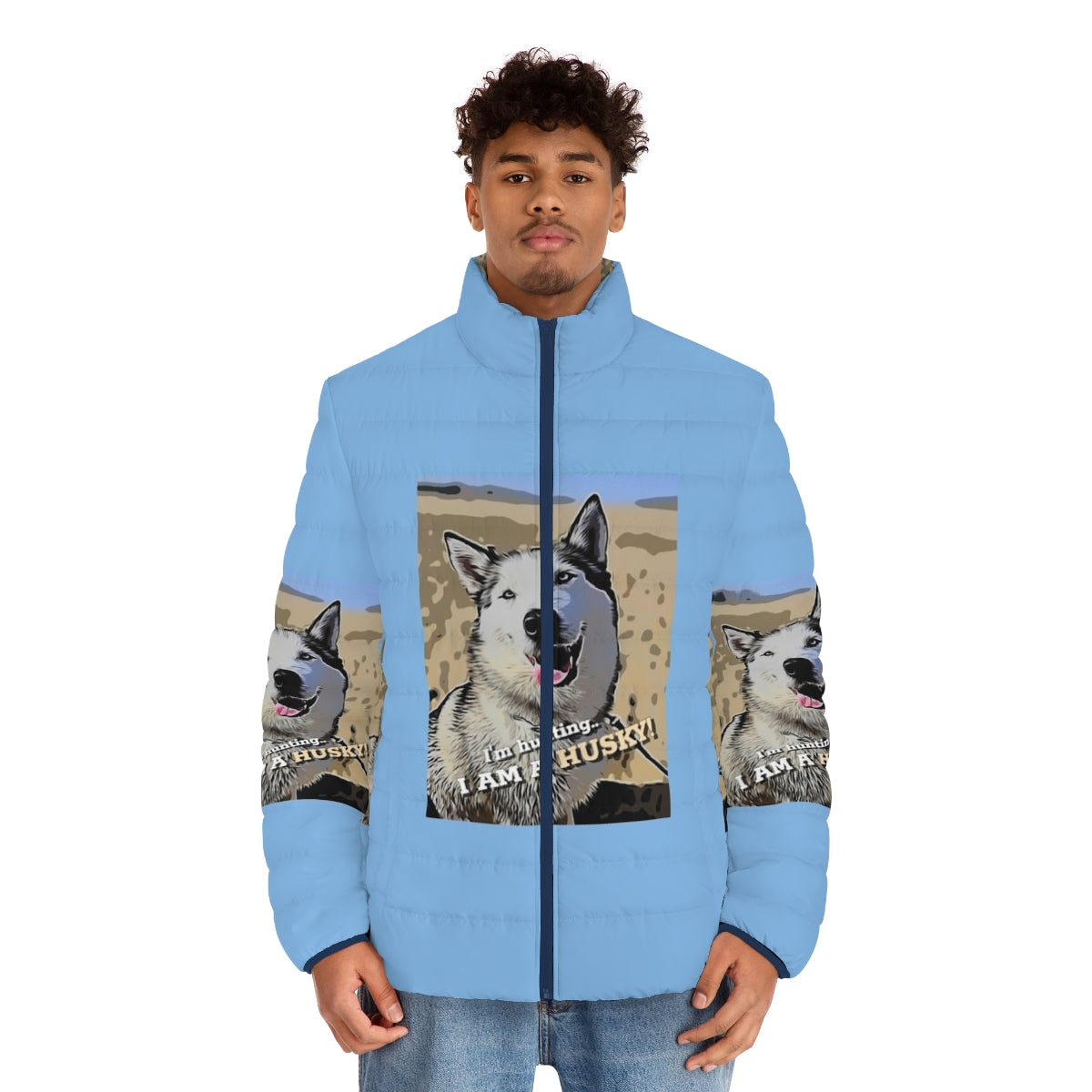 Siberian Husky wearing a stylish puffer jacket - men front