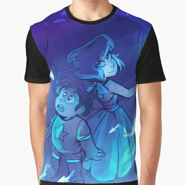 Lapis Lazuli from Steven Universe using her hydrokinetic powers to control water in the shape of fish on a graphic t-shirt design