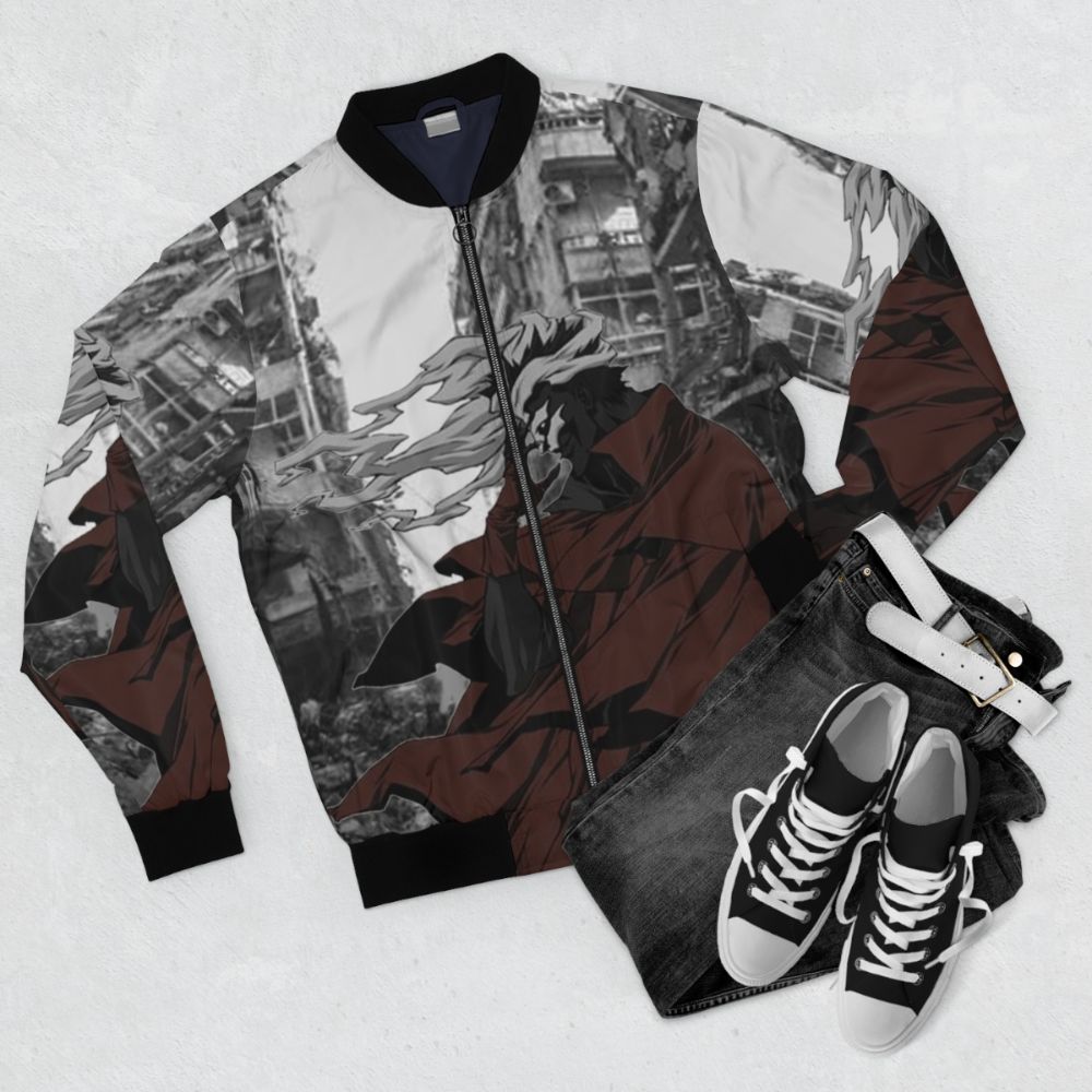 Ergo Proxy anime-inspired bomber jacket with logo and character design - Flat lay