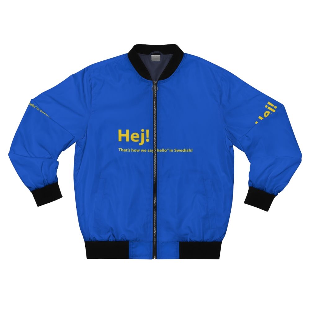 Swedish-inspired bomber jacket in yellow and blue with text and graphics.