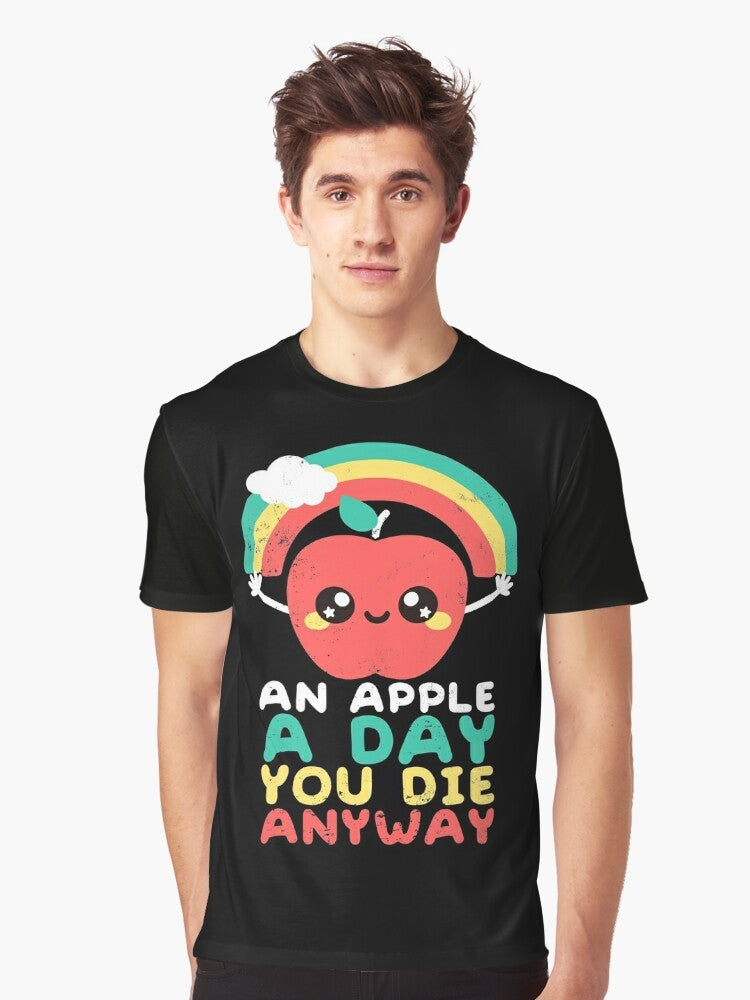 Funny graphic t-shirt with a sarcastic "An apple a day, you die anyway" quote and a rainbow-colored apple - Men