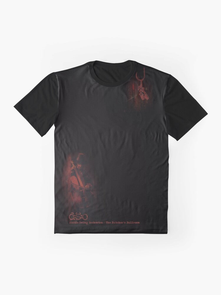 A graphic t-shirt featuring a bold design of a butcher's ballroom with violin, ballet, and orchestra elements. - Flat lay