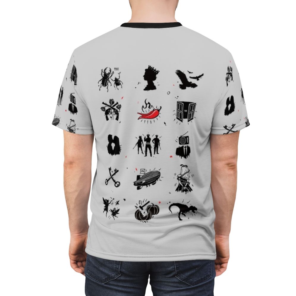 Retro rock bands music t-shirt featuring a collage of iconic band logos and album covers - men back