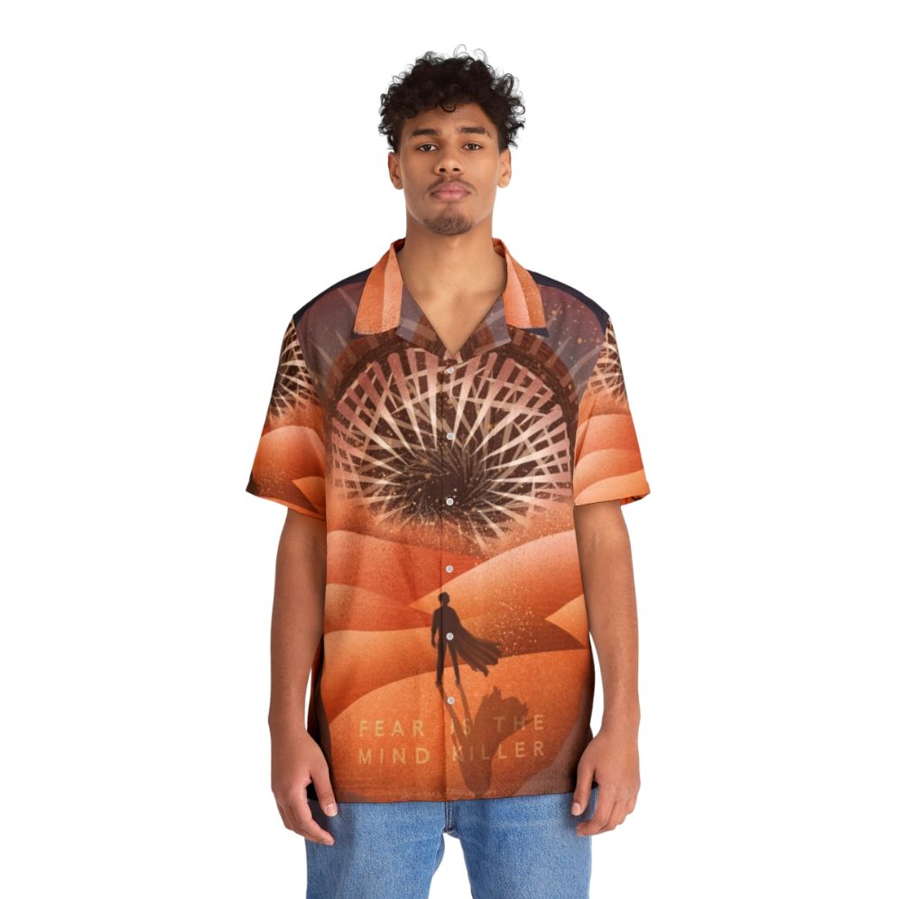 Dune-inspired Hawaiian shirt with sandworm and desert motifs - People Front