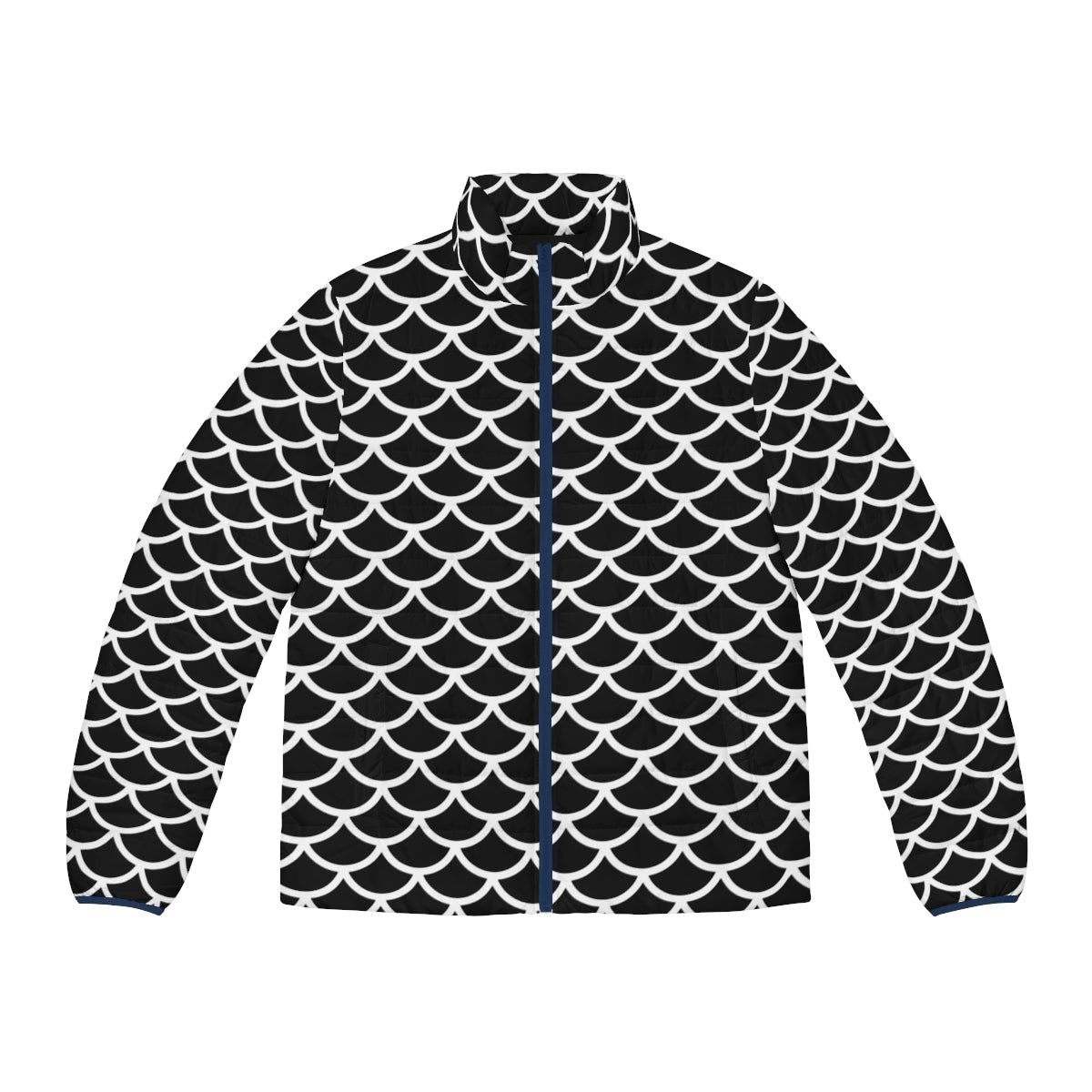 Black and white puffer jacket with a geometric fish scale pattern design