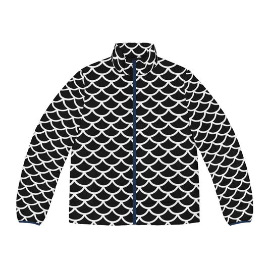 Black and white puffer jacket with a geometric fish scale pattern design