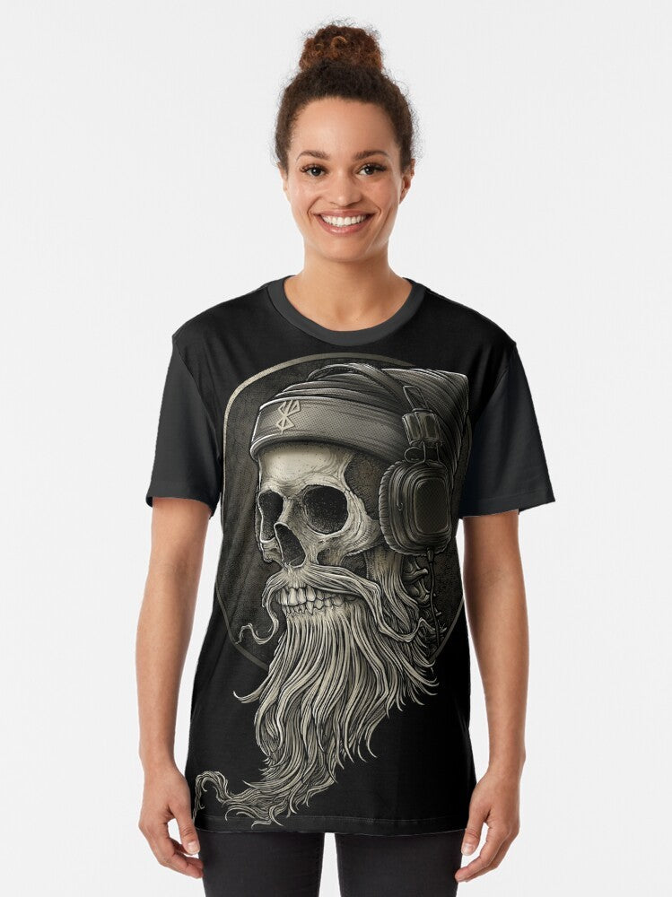 Vintage Viking skull beard with headphone graphic printed on a t-shirt - Women