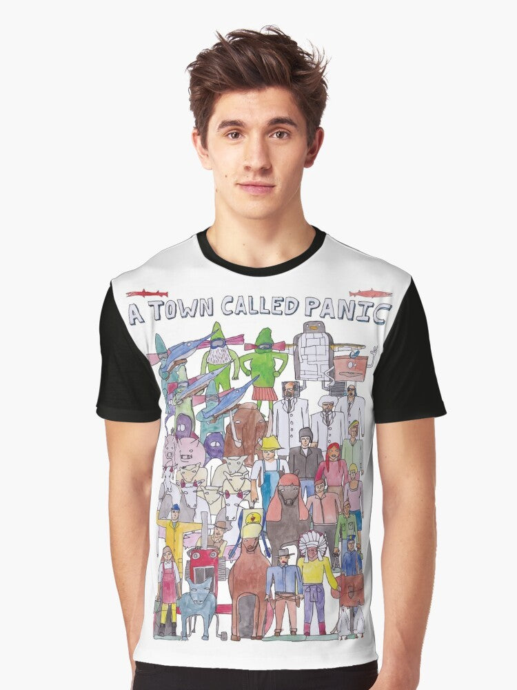 A Town Called Panic Team Illustration Graphic T-Shirt featuring all the characters from the popular French animated film - Men