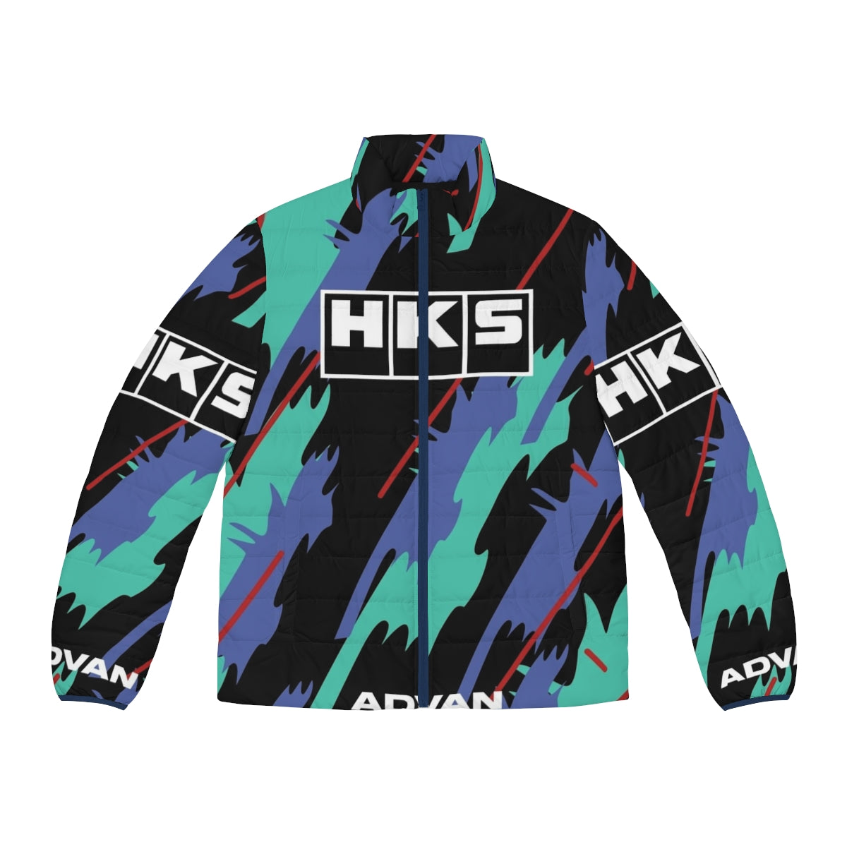 HKS Super Oil Retro Livery Puffer Jacket showcasing motorsports heritage