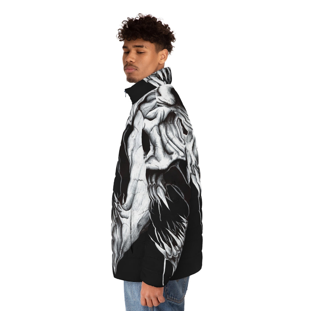 Grim Reaper puffer jacket with skull, teeth, and ominous design - men side left