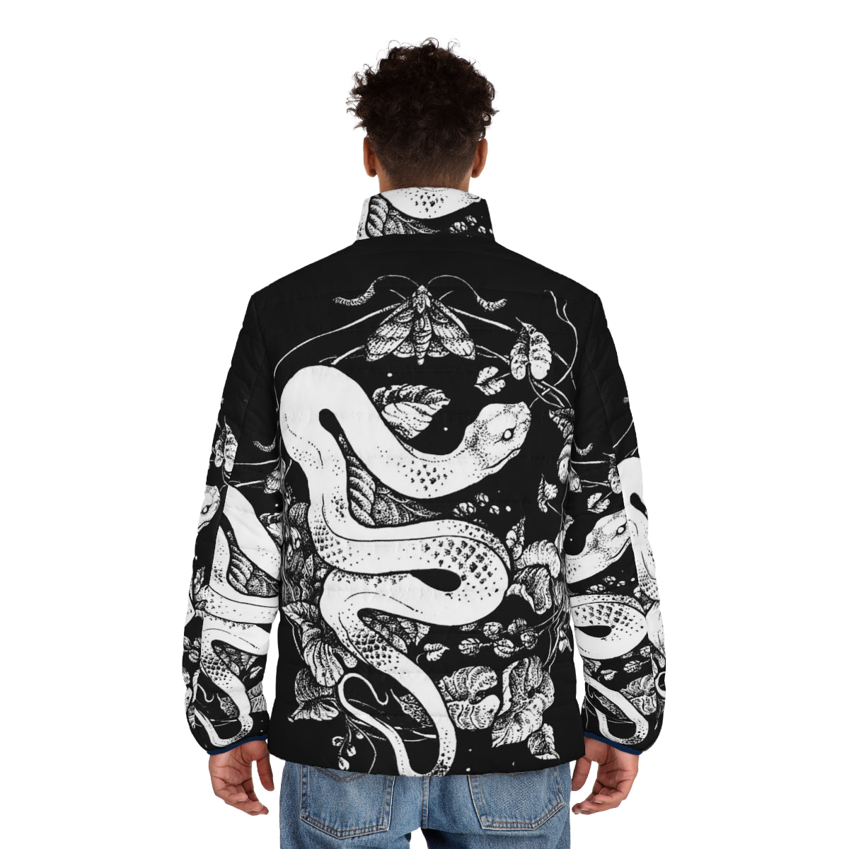 Dark, gothic inspired puffer jacket with nature-based illustrations - men back