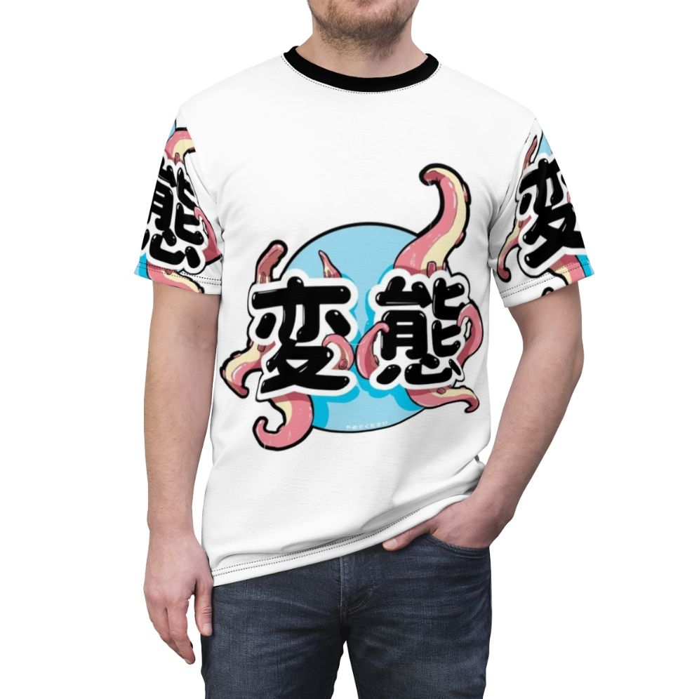 A graphic t-shirt featuring a vibrant digital illustration of tentacles, inspired by Japanese anime and manga art. - men front