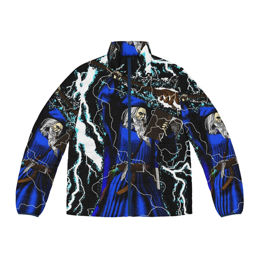 Merlin wizard blue puffer jacket with high fantasy and vintage elements