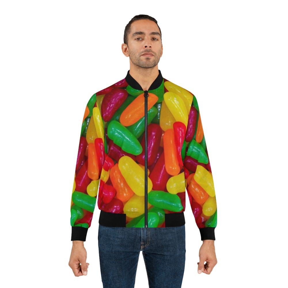 Colorful Mike and Ikes candy in a bomber jacket design - Lifestyle