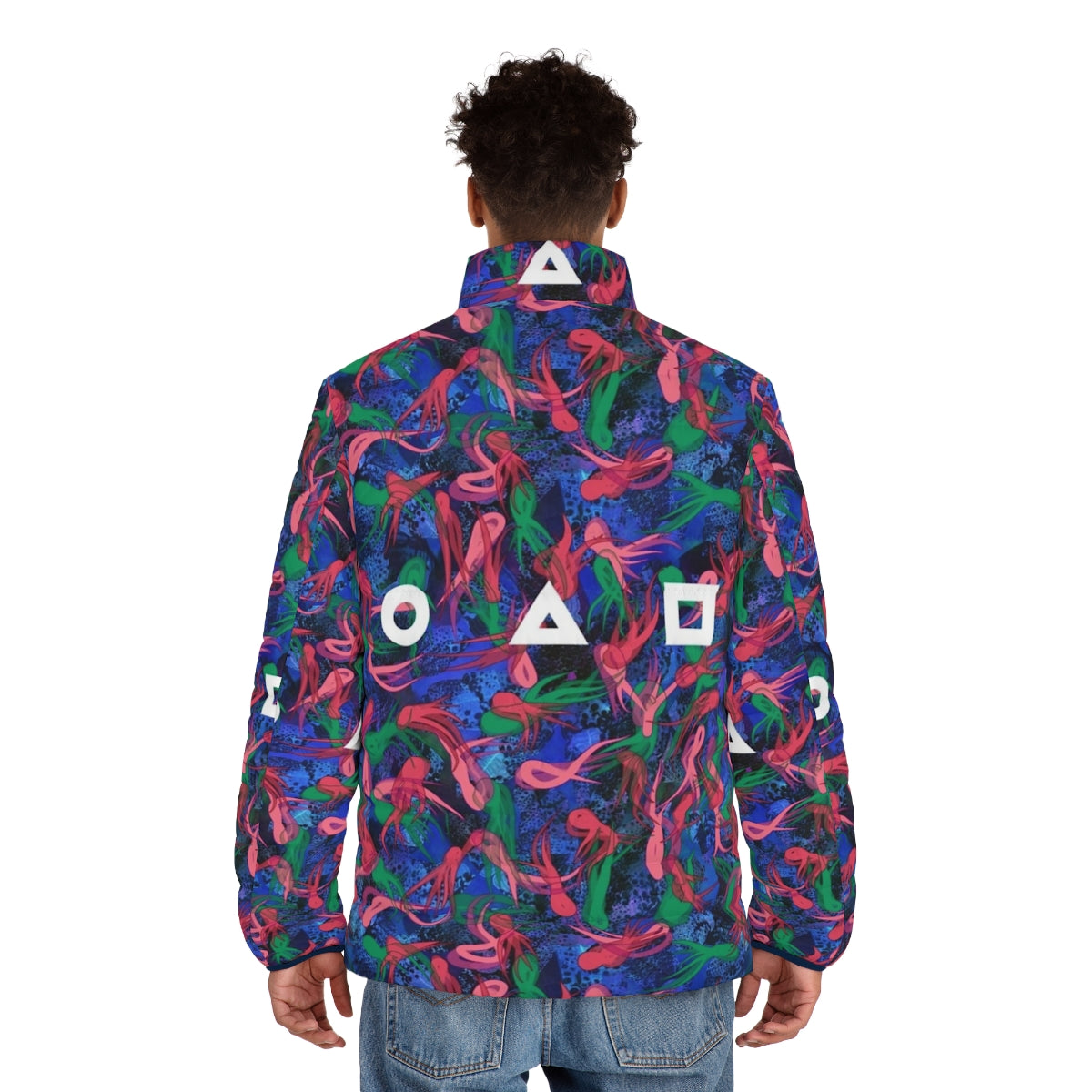 Squid Game Survival Pattern Puffer Jacket with Vibrant Colorful Design - men back