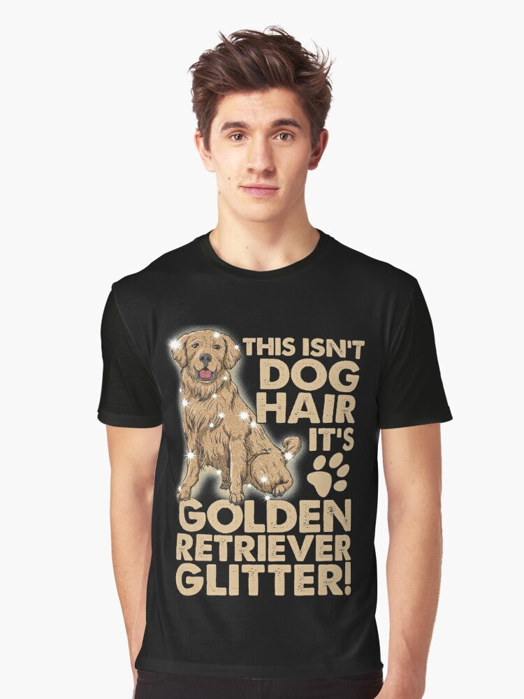 A golden retriever dog wearing a glittery graphic t-shirt - Men