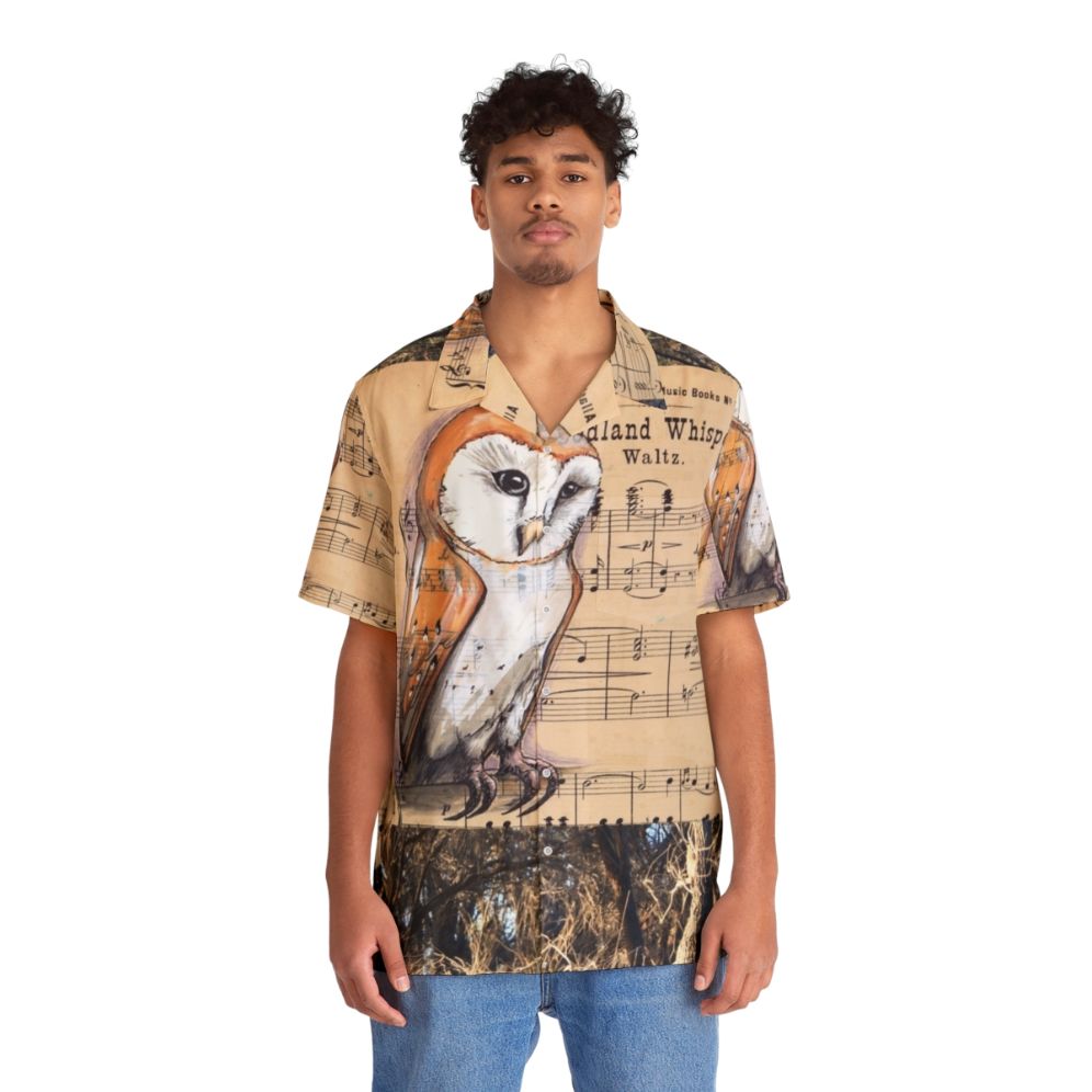 Tropical Hawaiian shirt with a design featuring a barn owl and musical notes in a woodland setting - People Front