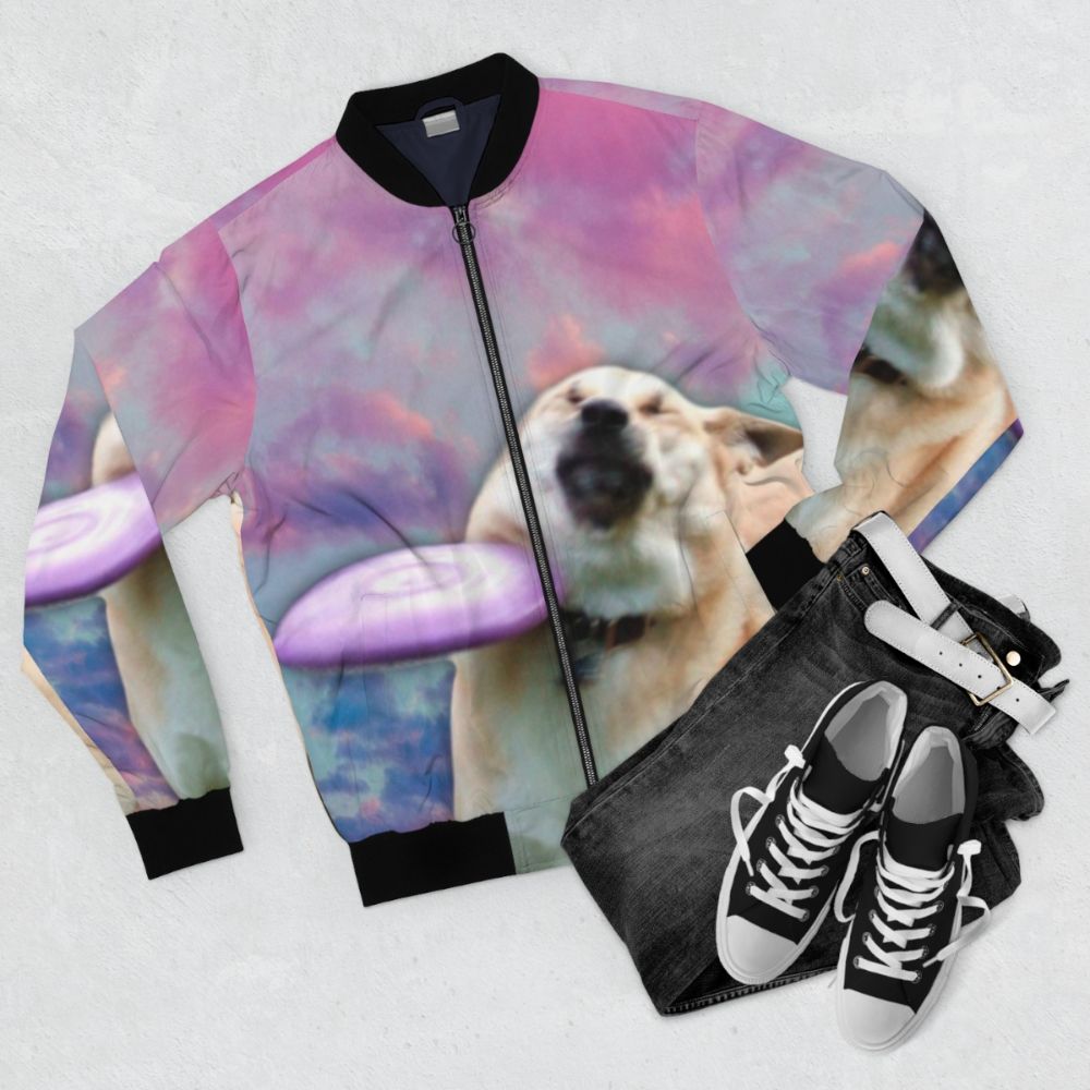 A Frisbee-catching Doge meme-inspired bomber jacket with a vaporwave cloud design - Flat lay