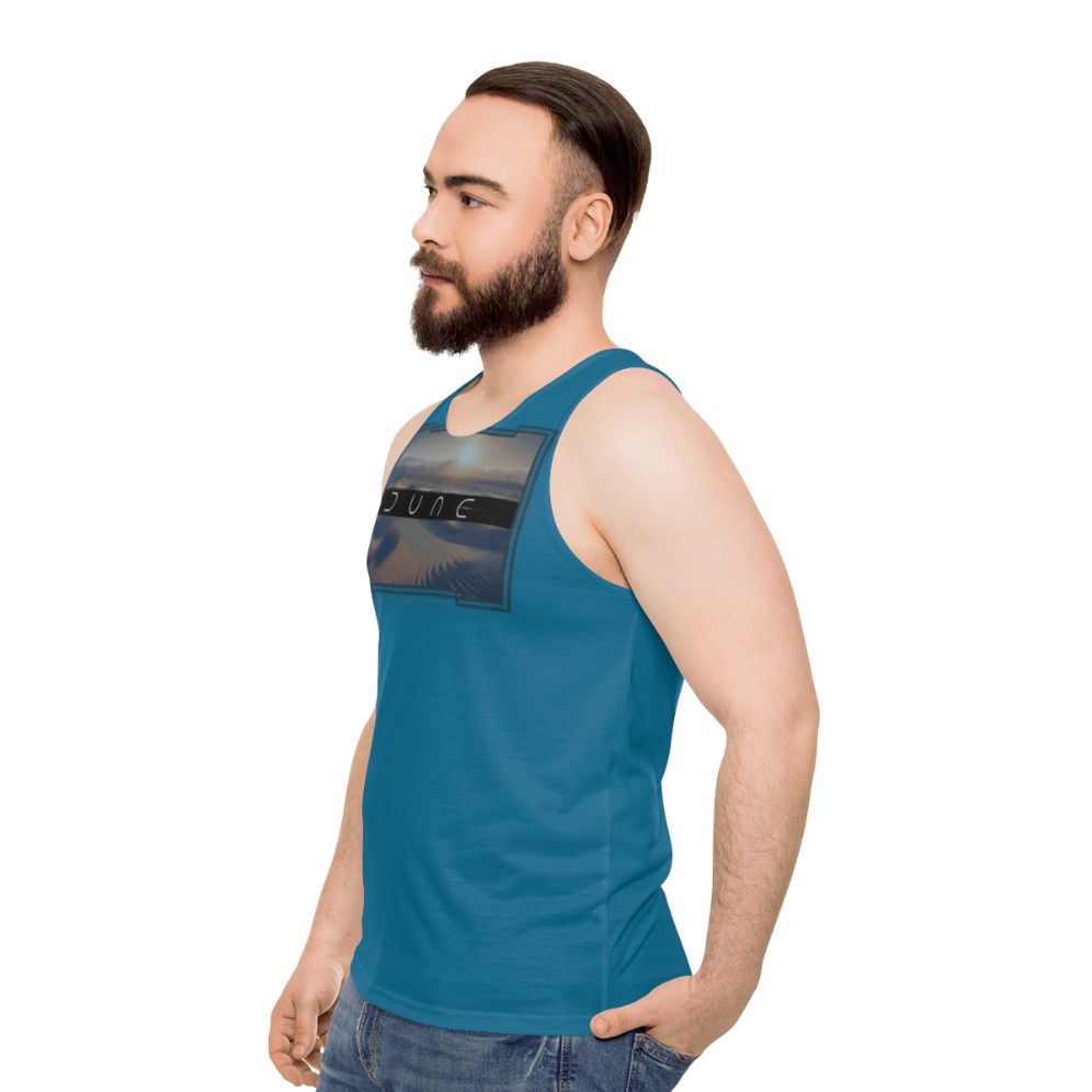 Dune-inspired unisex tank top with desert planet and two moons design - men side