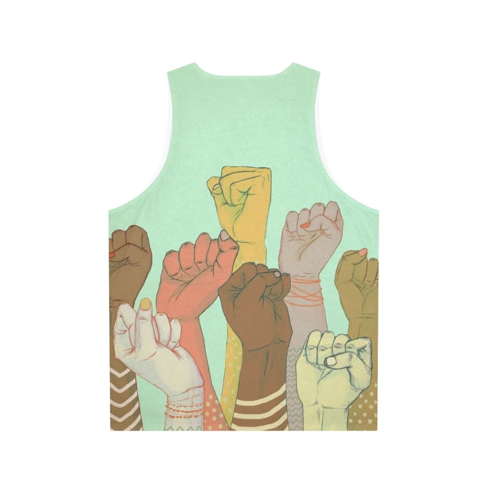 Unisex tank top with colorful arm pattern design representing diversity and unity - Back