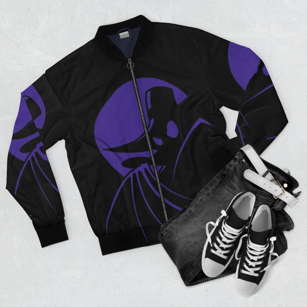 Darkwing Duck Bomber Jacket with the "Terror That Flaps in the Night" graphic - Flat lay