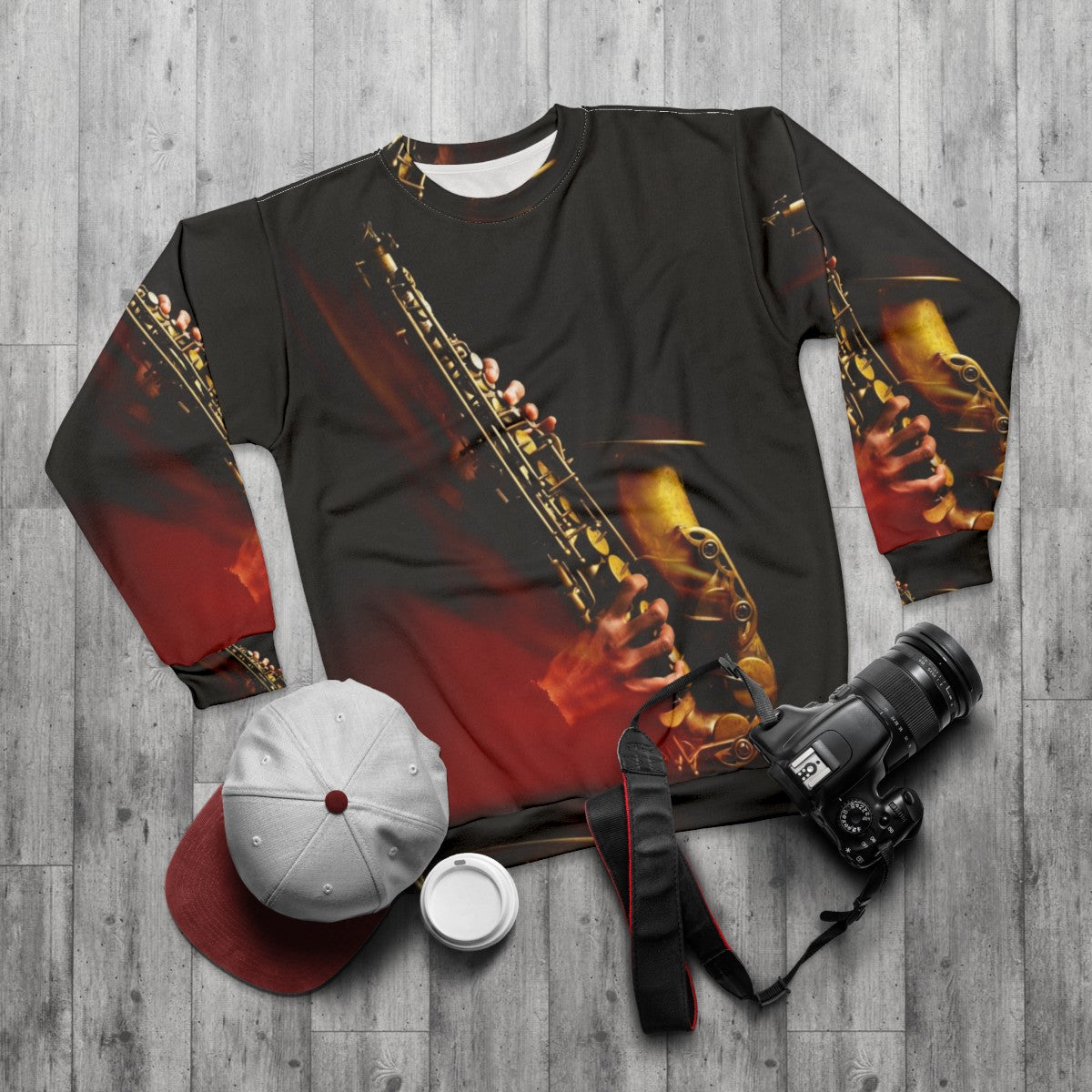 Saxophone Alto Sweatshirt with Flame Red Design - flat lay