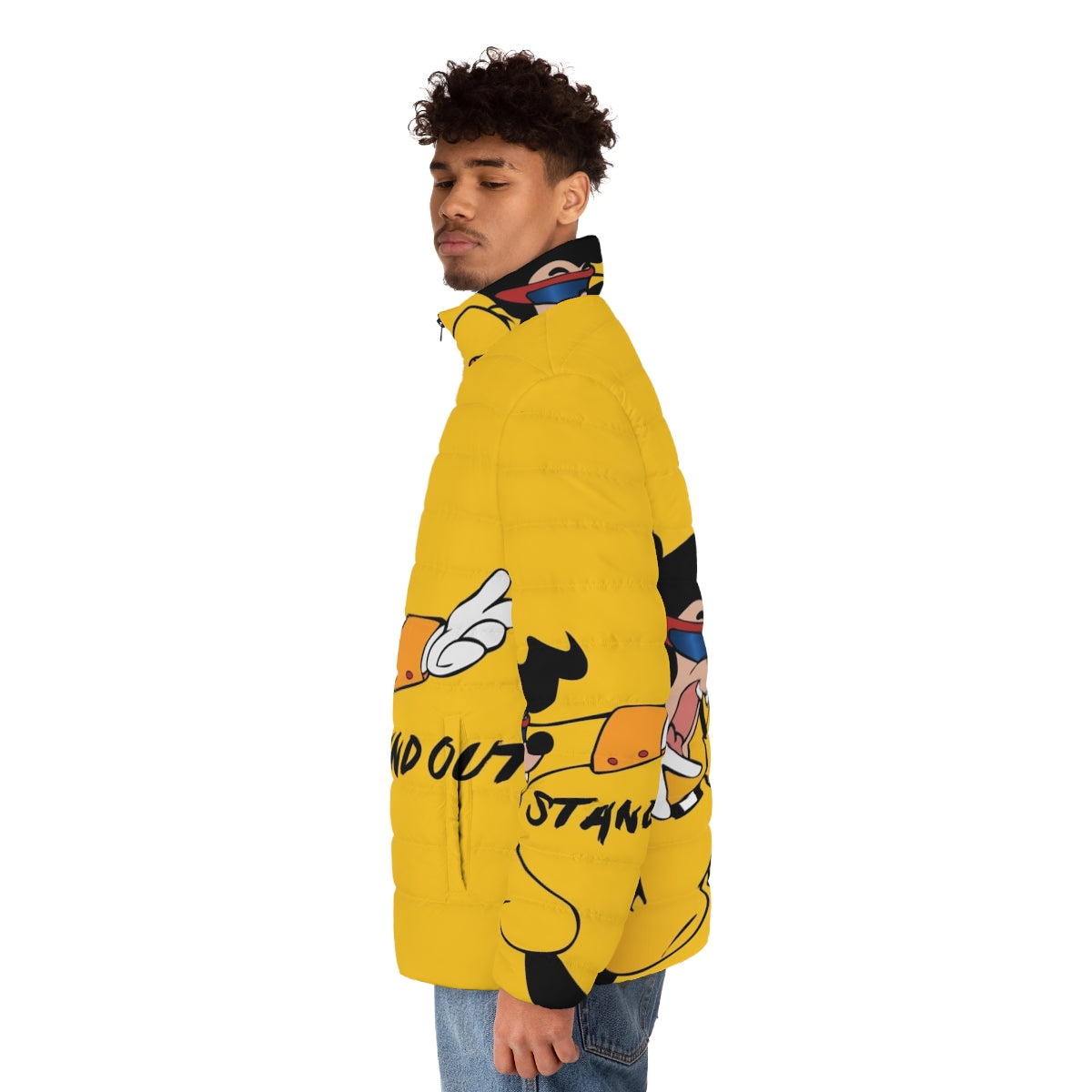 Vibrant and eye-catching "Stand Out" puffer jacket inspired by 90s cartoons and movies - men side left