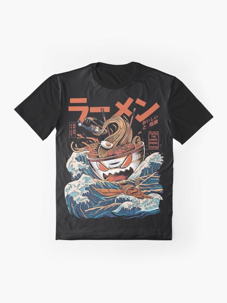 Anime-style t-shirt featuring a retro Japanese ramen and kaiju monster graphic design in blue, orange, and black. - Flat lay