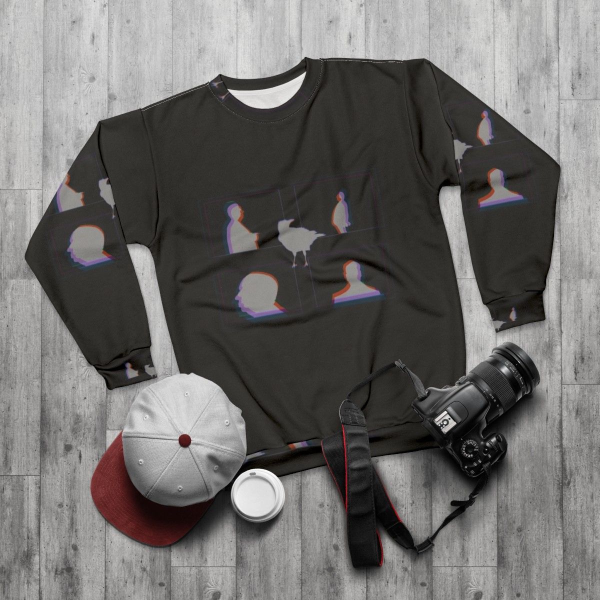 Alfred Hitchcock and Crow Graphic Sweatshirt - flat lay