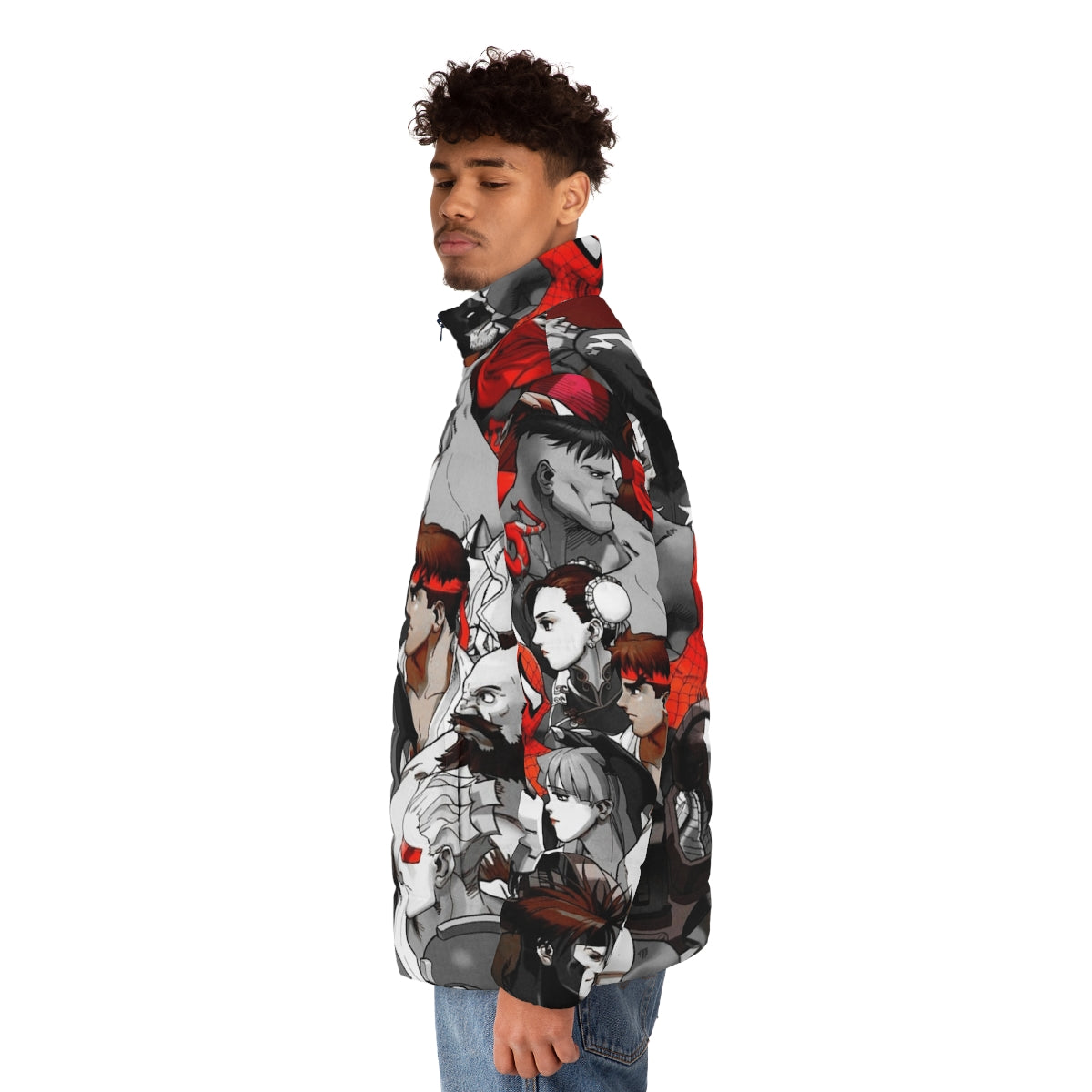 Marvel vs Capcom red puffer jacket featuring characters from popular video game and comic franchises - men side left