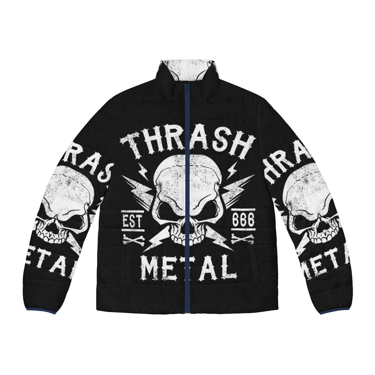 Thrash metal puffer jacket with satanic and death metal design for metal music enthusiasts