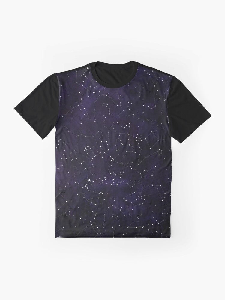 A graphic t-shirt featuring the constellations of the northern hemisphere against a starry night sky background. - Flat lay