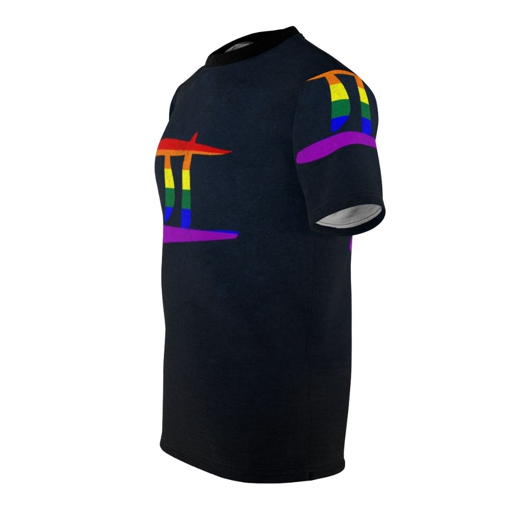 Colorful LGBTQ pride flag with Gemini zodiac symbol on a t-shirt - men left