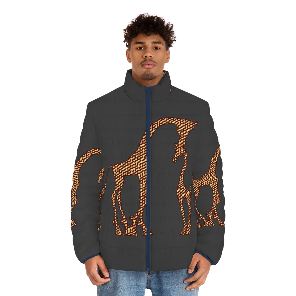 Giraffe puffer jacket with colorful abstract animal print design - men front