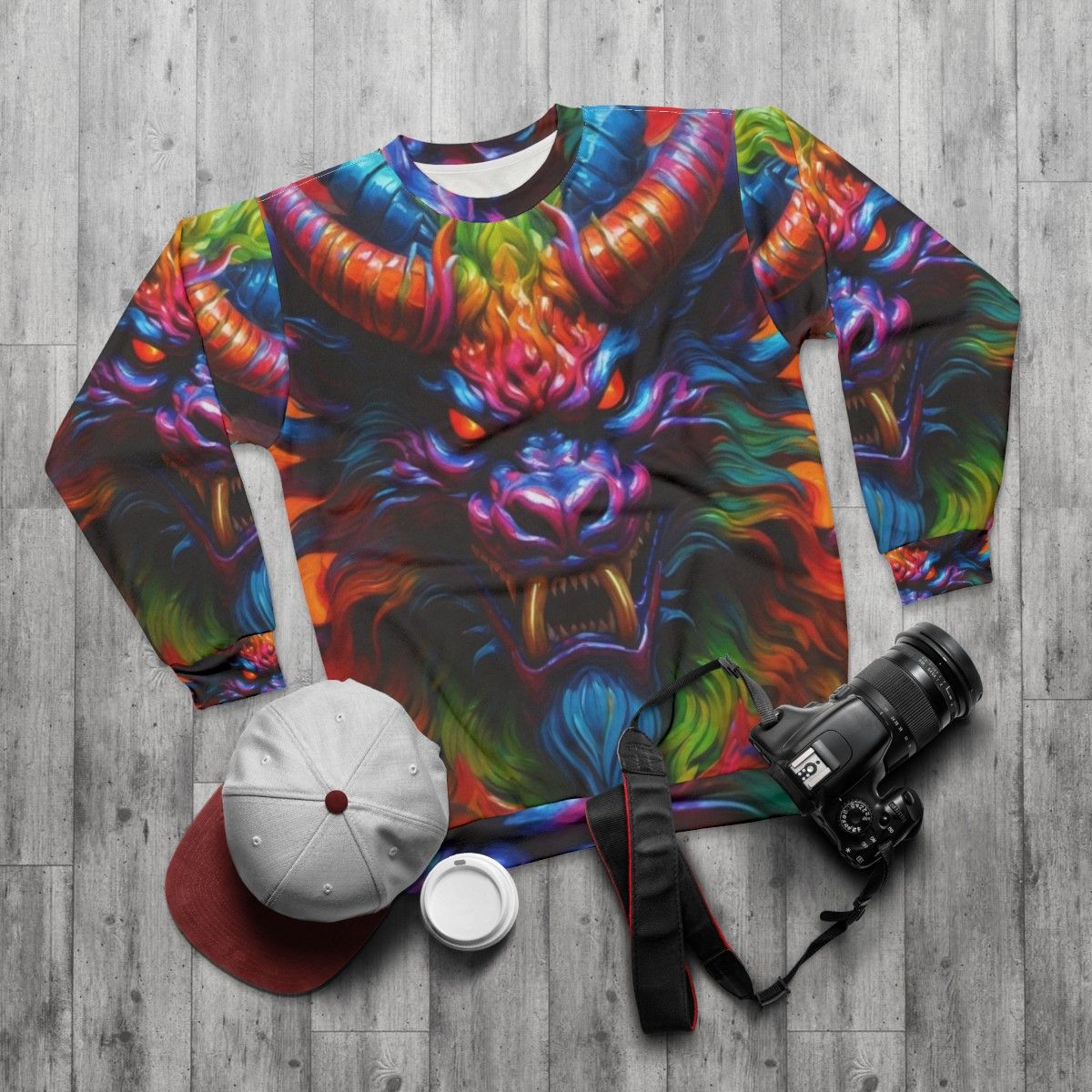 Monster Sweatshirt with Spooky Creature Design - flat lay