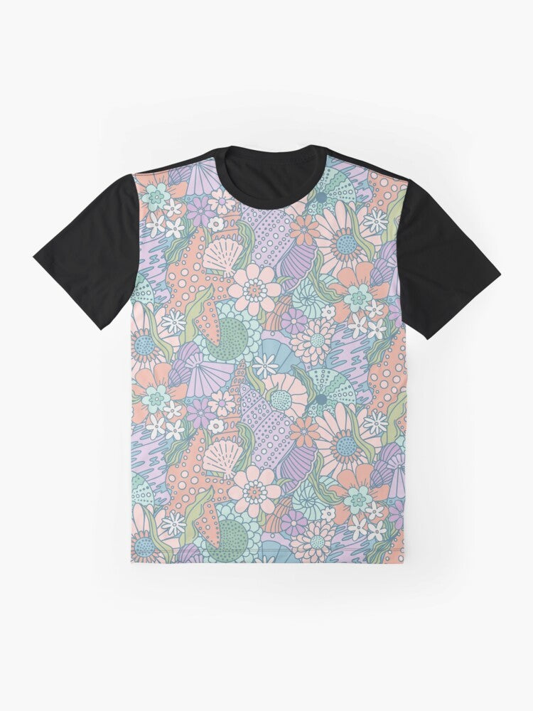 Ocean Garden Mermaid Cove Graphic T-Shirt featuring whimsical floral and seashell designs - Flat lay