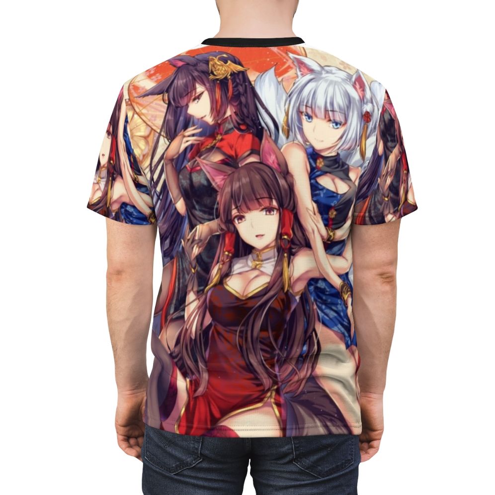 Anime-style illustration of the Sakura Empire shipgirls from the video game Azur Lane on a t-shirt - men back