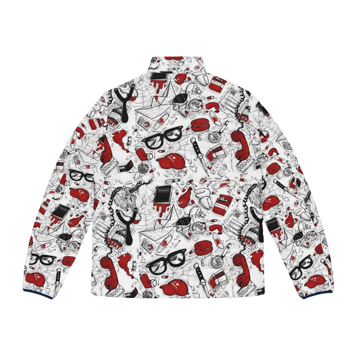 Reversible repeating pattern puffer jacket featuring characters from the IT movie franchise - Back