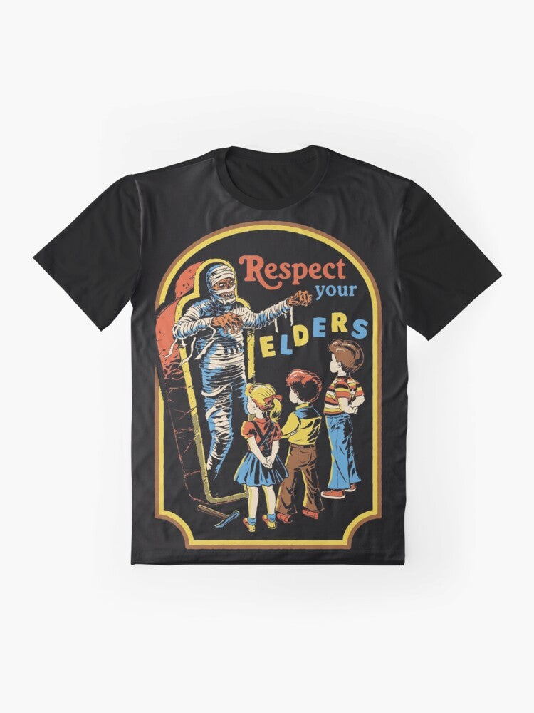 Vintage-style graphic t-shirt with the text "Respect Your Elders" and a mummy design - Flat lay