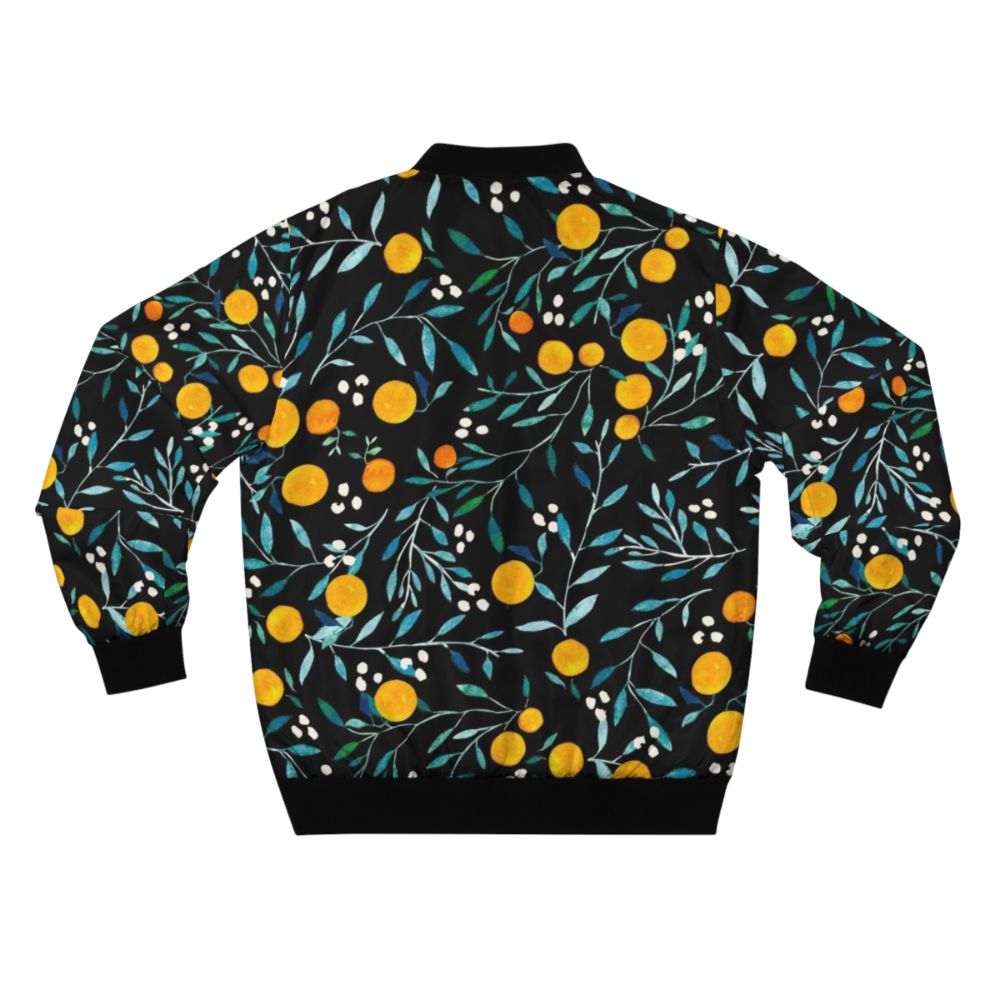 Watercolor orange floral pattern on a black bomber jacket - Back