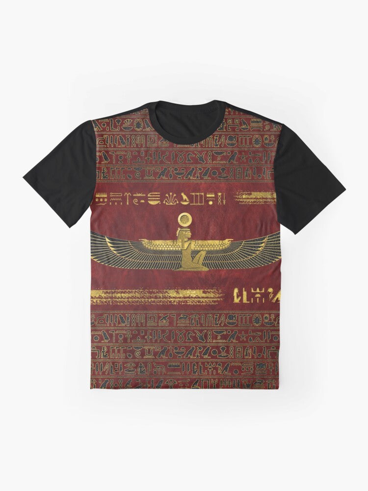 Graphic t-shirt featuring a gold Egyptian god ornament on a red leather background - Flat lay