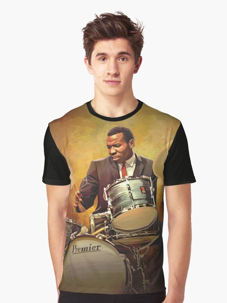 Graphic t-shirt featuring Elvin Jones, the iconic jazz drummer known for his work with John Coltrane and bebop/hard bop styles. - Men