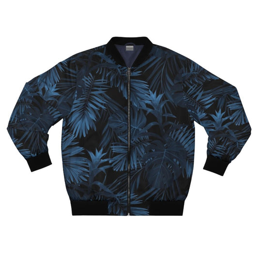 Dark indigo tropical bomber jacket with floral and leaf patterns