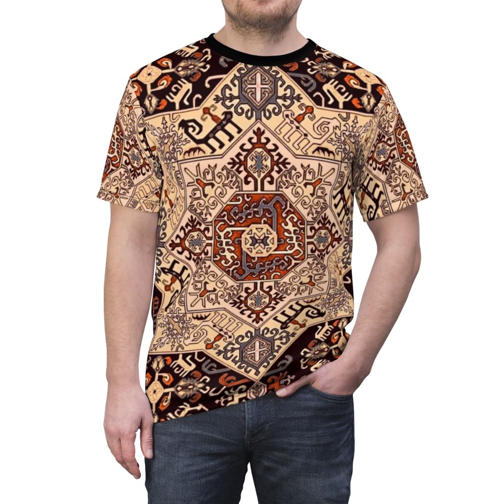 Model wearing a t-shirt featuring traditional Armenian art and design elements - men front